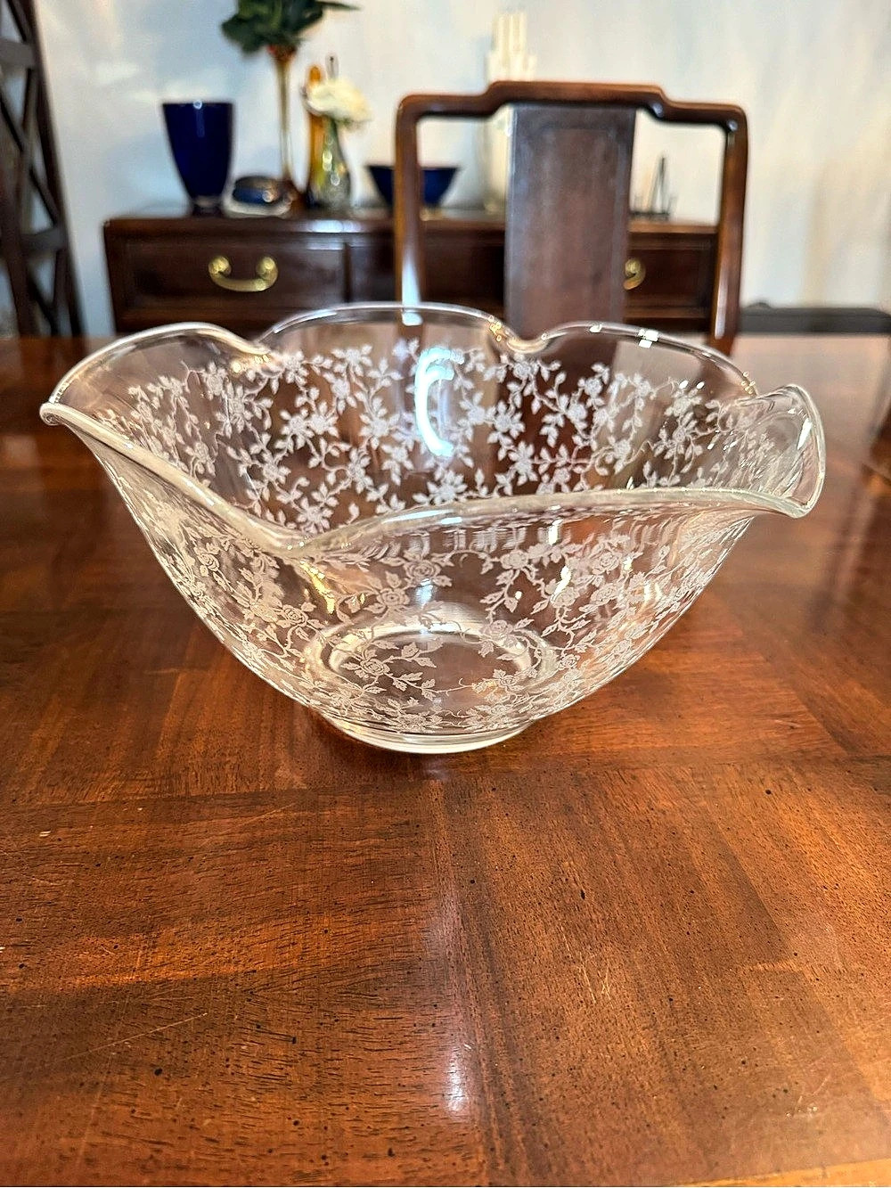Vintage Tiffin Franciscan Crimped Square Bowl Cerice Pattern Etched Glass